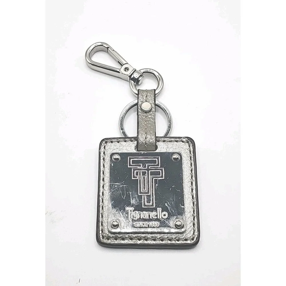 Tignanello Triple T Silver Leather Silver Charm Metal Key Fob Keychain Hang Tag